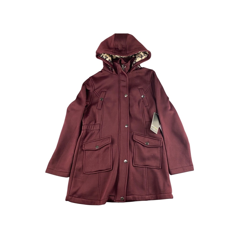 NWT BIGCHILL Womens Burgundy Hooded Softshell Jacket with Leopard Print‎ Size M